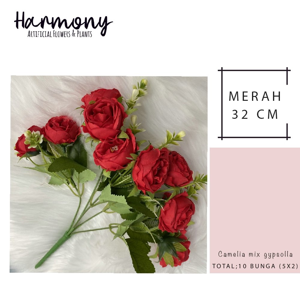 bunga artificial camelia swiss mix gypsolla hias buket hias plastik pernikahan dekorasi - Gambar 4