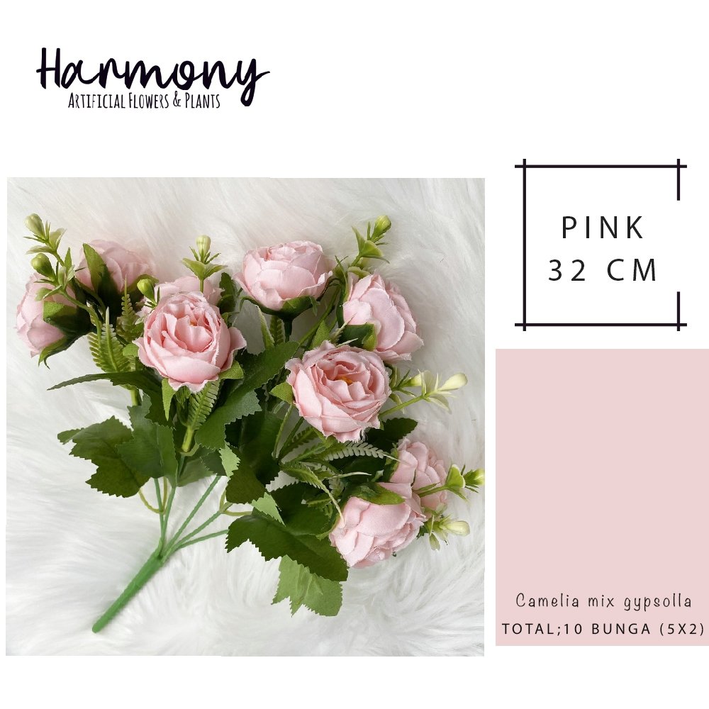 bunga artificial camelia swiss mix gypsolla hias buket hias plastik pernikahan dekorasi - Gambar 5