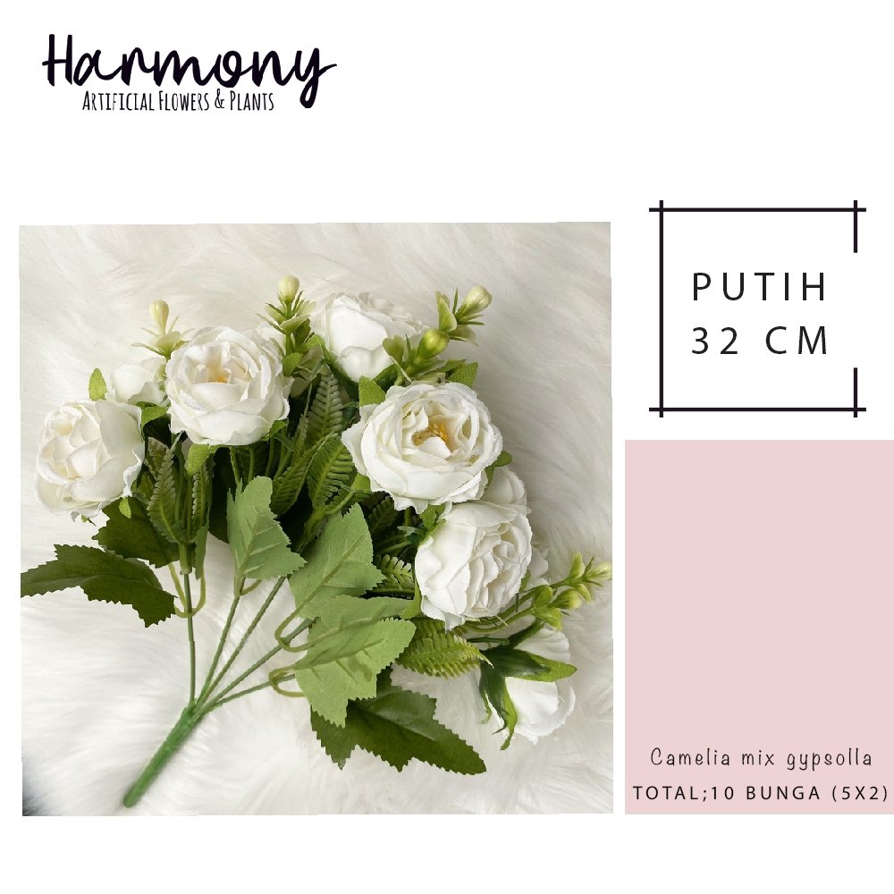 bunga artificial camelia swiss mix gypsolla hias buket hias plastik pernikahan dekorasi - Gambar 6